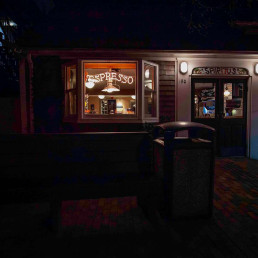 Spiritus pizza movie night time patio photograph